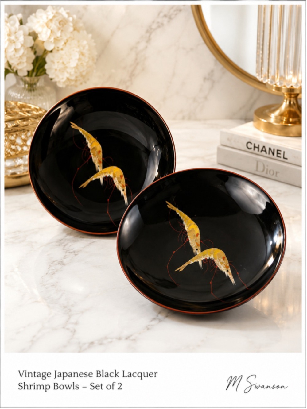 Vintage Japanese Black Lacquer Shrimp Bowls – Gold Maki-e Design – Set of 2